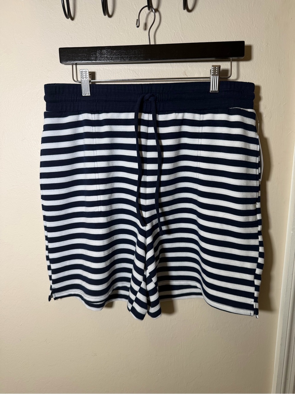 Kim Rogers Navy and White Striped Drawstring Athletic Shorts